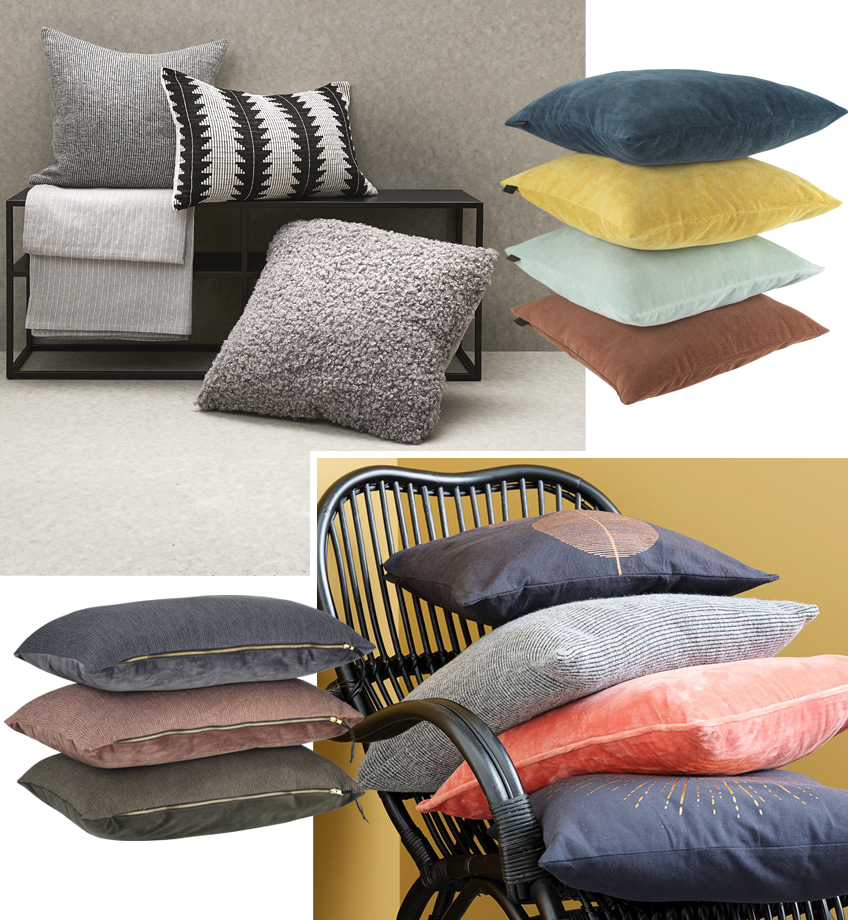 A variety of cushions in grey and bright colours. Cushions in a pile on chair